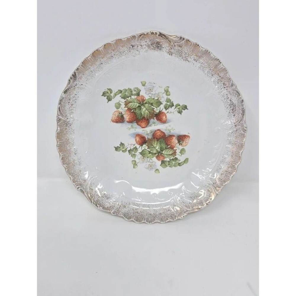 Vintage Dresden China Strawberry Motif Plate with Heavily Stippled Gold Rim
